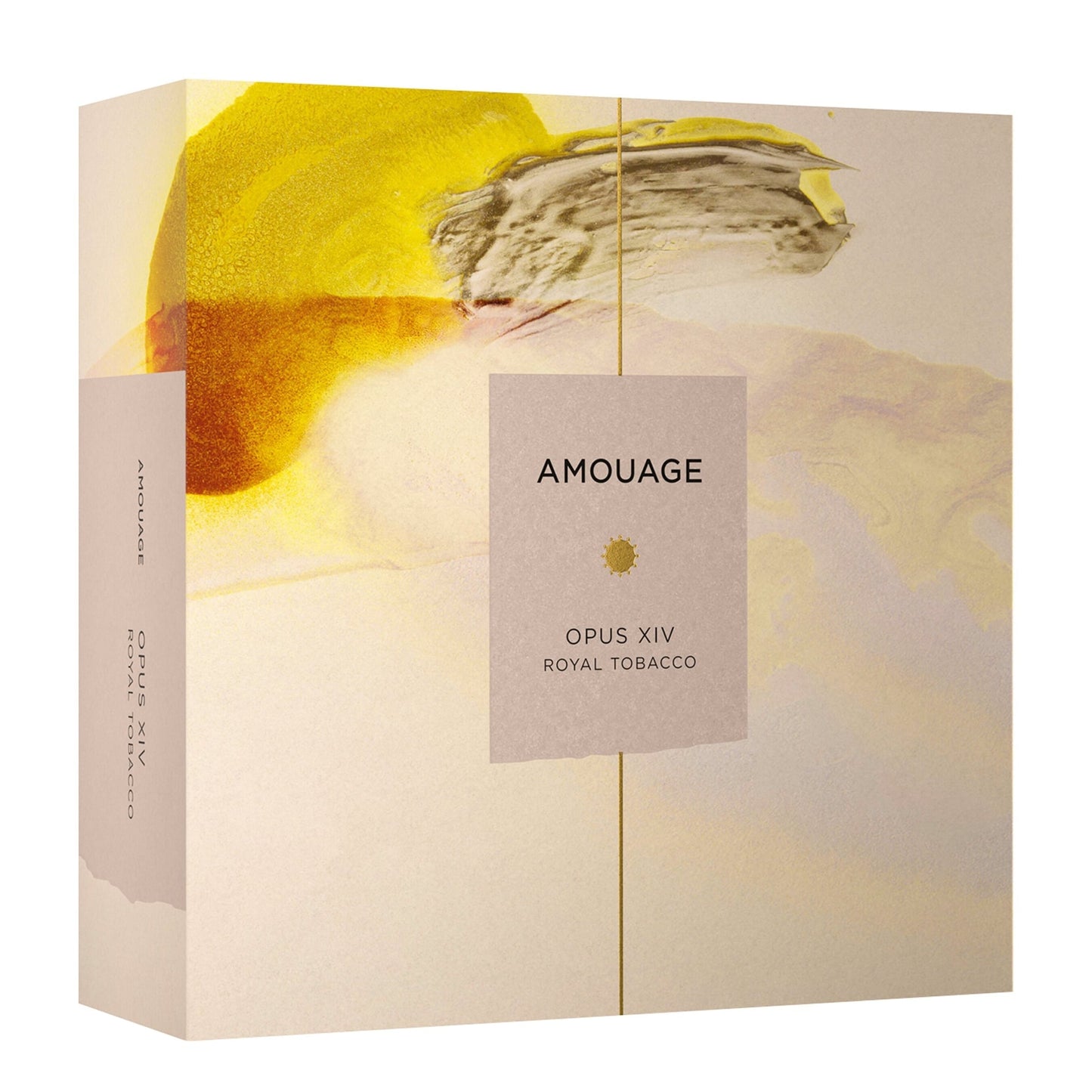 Amouage Opus XIV Royal Tobacco packaging box featuring an abstract yellow and cream paint design with a central beige label.