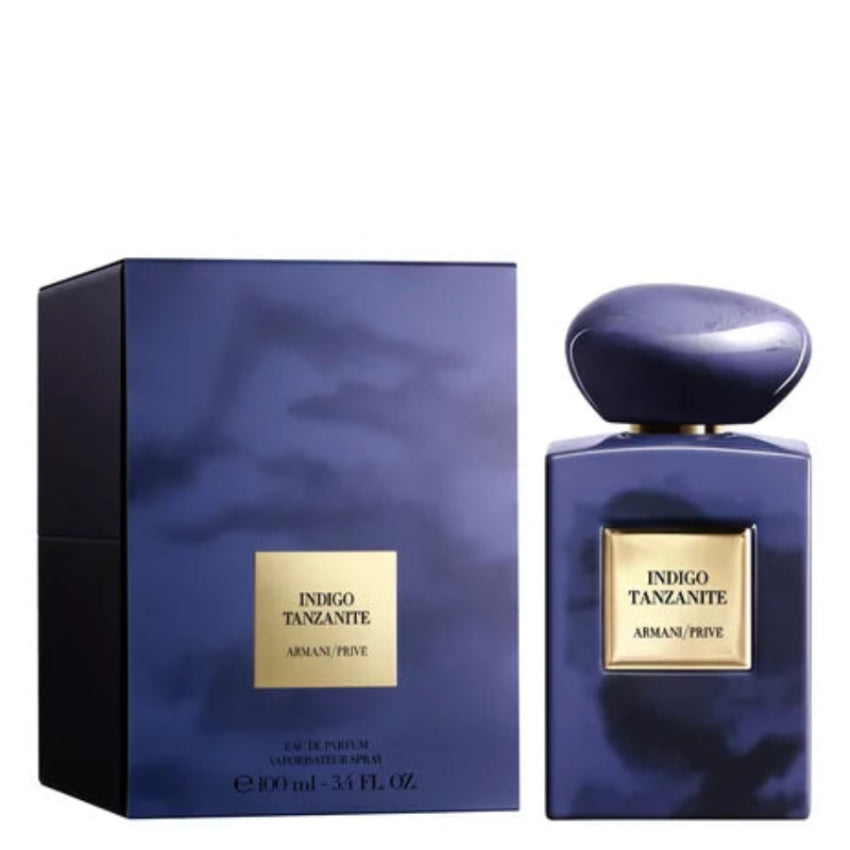 Indigo Tanzanite Armani Prive perfume bottle and packaging on a white background