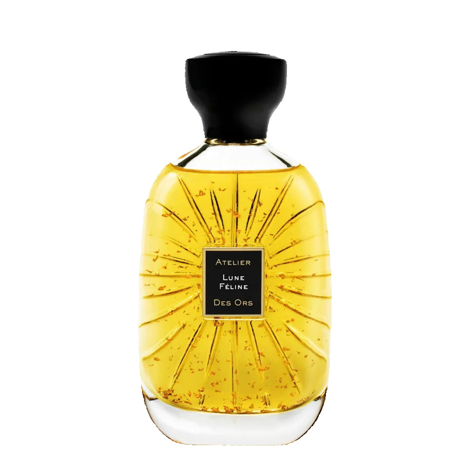 Perfume bottle with yellow liquid and black cap on a white background