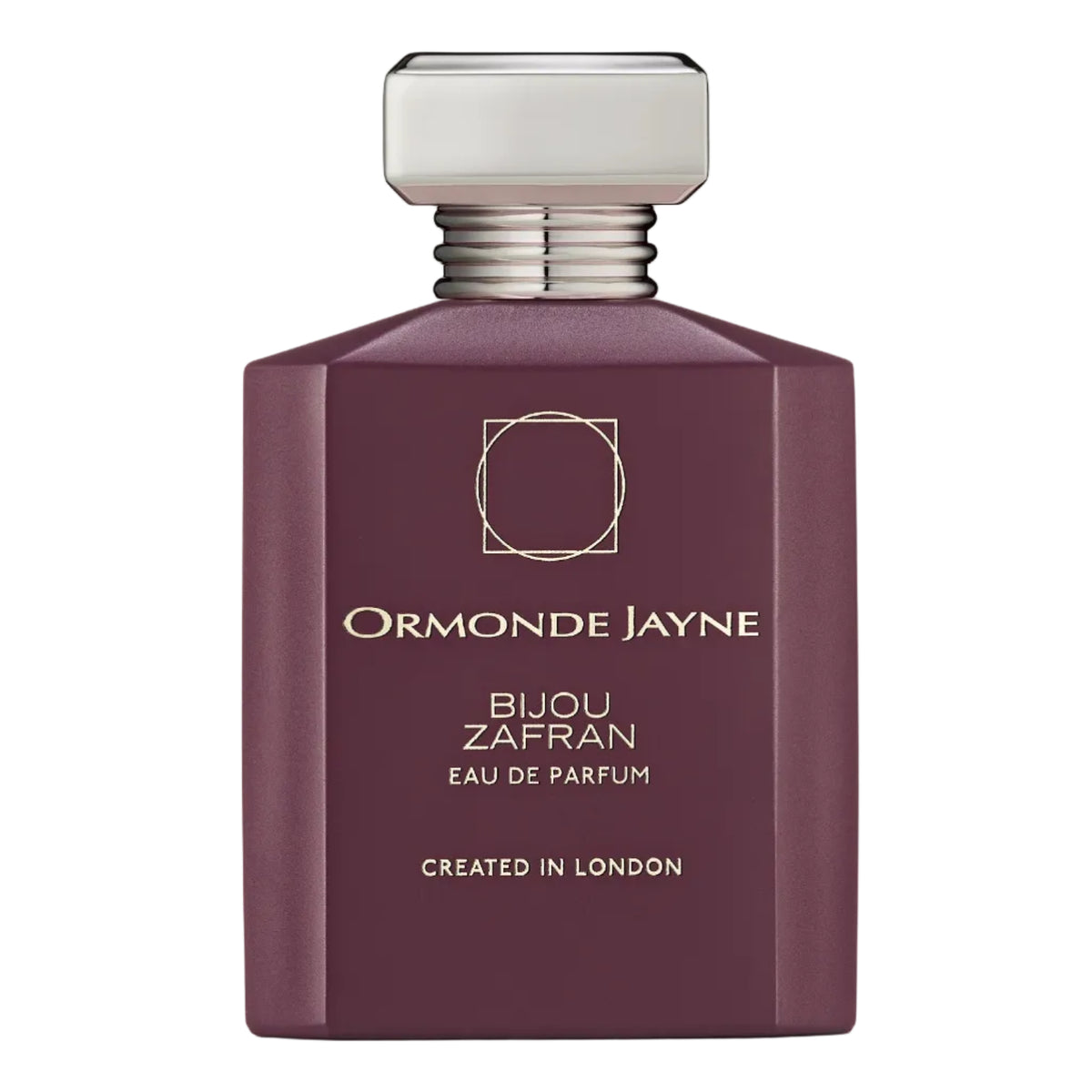 Ormonde Jayne Bijou Zafran Eau de Parfum bottle in a deep plum purple color with a silver metallic cap, shown on a white background with a soft reflection.