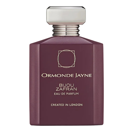 Ormonde Jayne Bijou Zafran Eau de Parfum bottle in a deep plum purple color with a silver metallic cap, shown on a white background with a soft reflection.