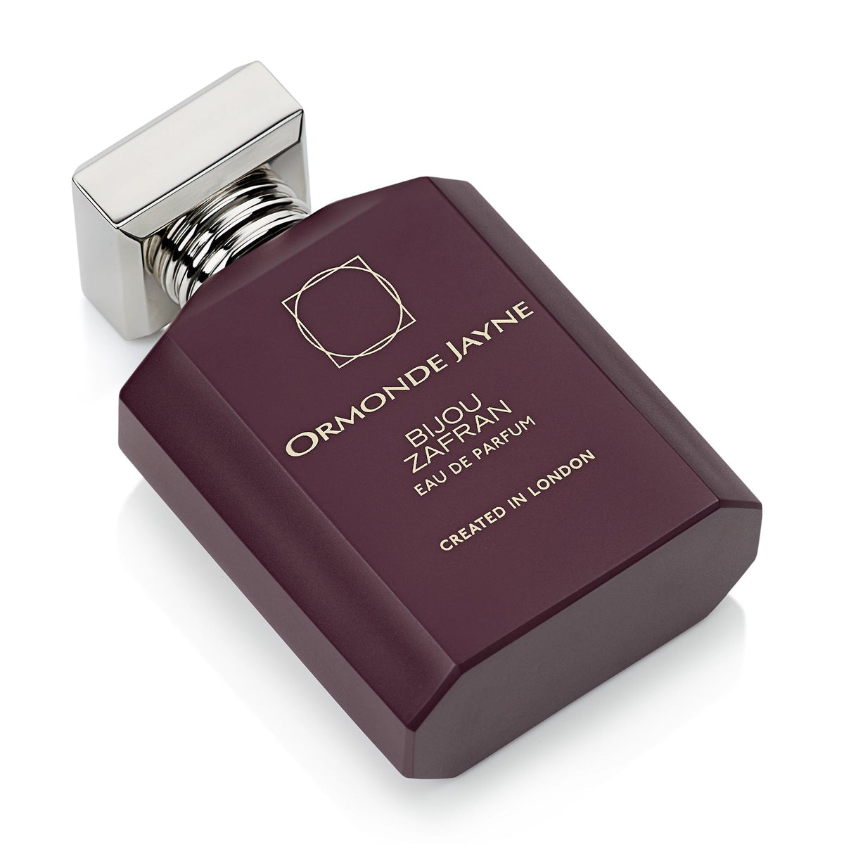 Ormonde Jayne perfume bottle with maroon body and silver cap on a white background