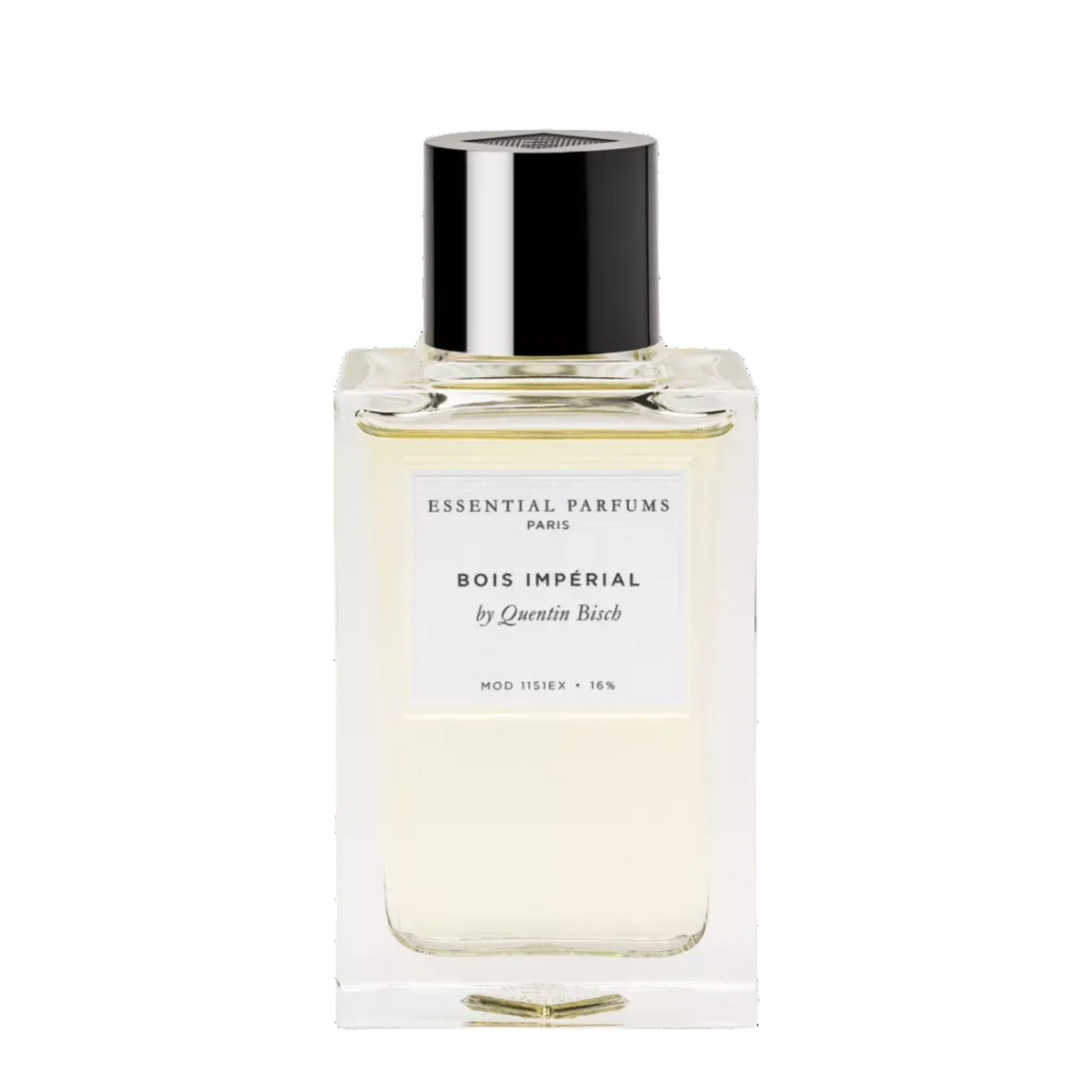 A clear glass rectangular perfume bottle with a black cap and a white label reading 'ESSENTIAL PARFUMS PARIS BOIS IMPERIAL by Laurent Bouiss', centered on a white background.