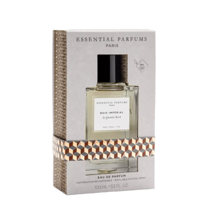 Essential Parfums Paris Bois Impérial Eau de Parfum 100ml gift set, featuring a clear glass bottle with a black cap and a beige textured box with a geometric patterned band.