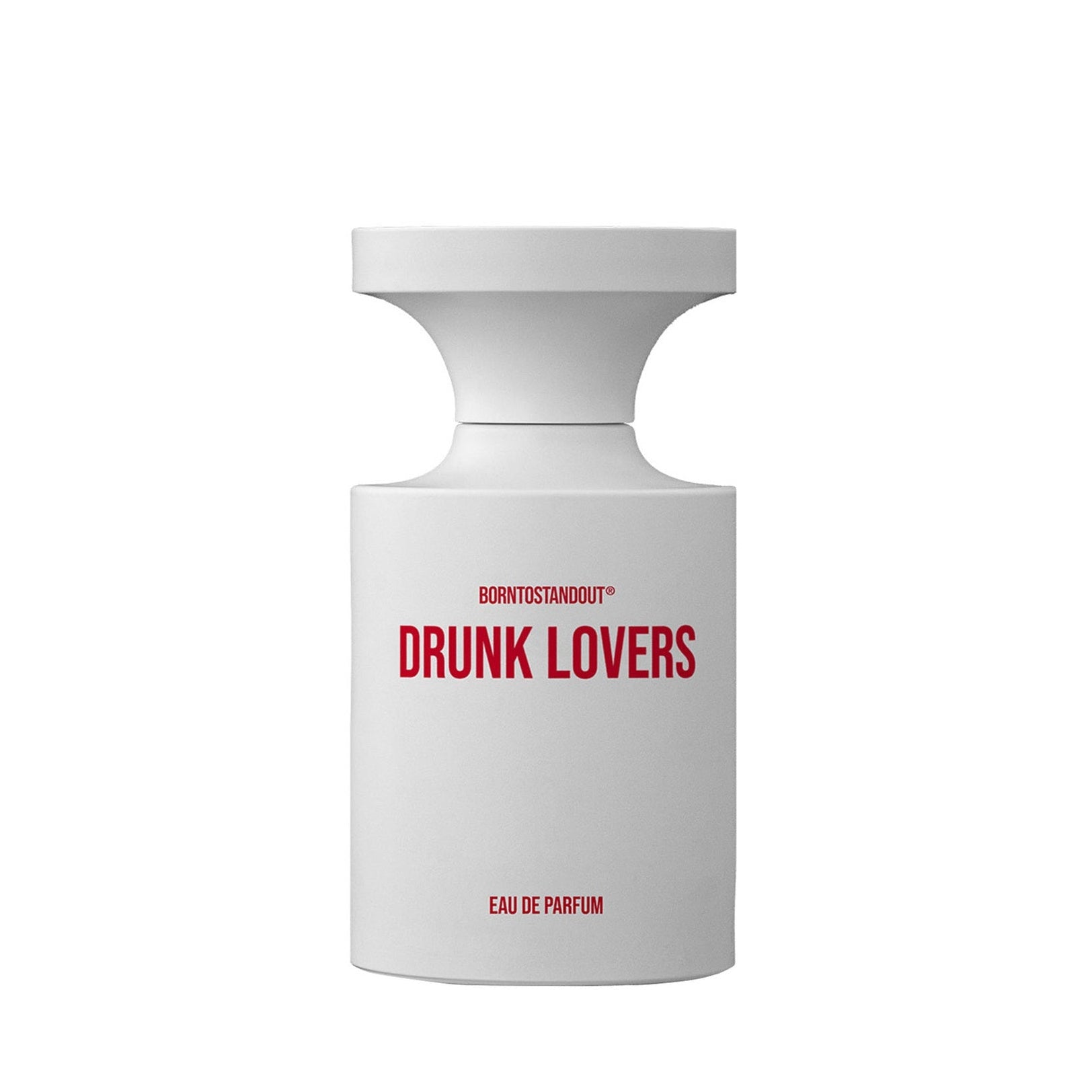 White perfume bottle with red text on a white background