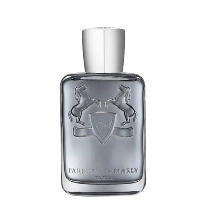 Perfume bottle with silver cap and embossed design on a black background