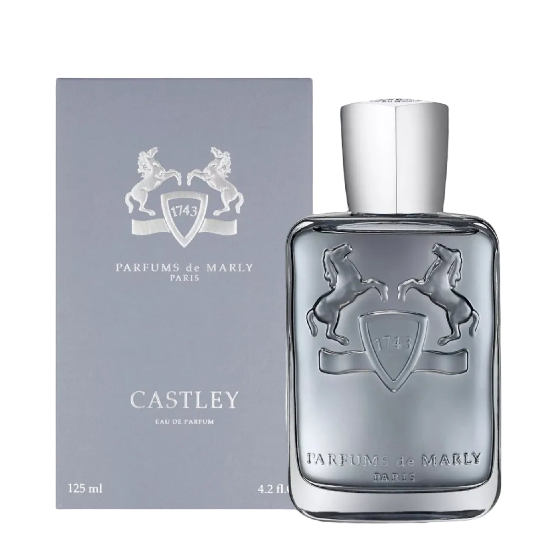 Parfums de Marly Castley perfume bottle and packaging on a black background