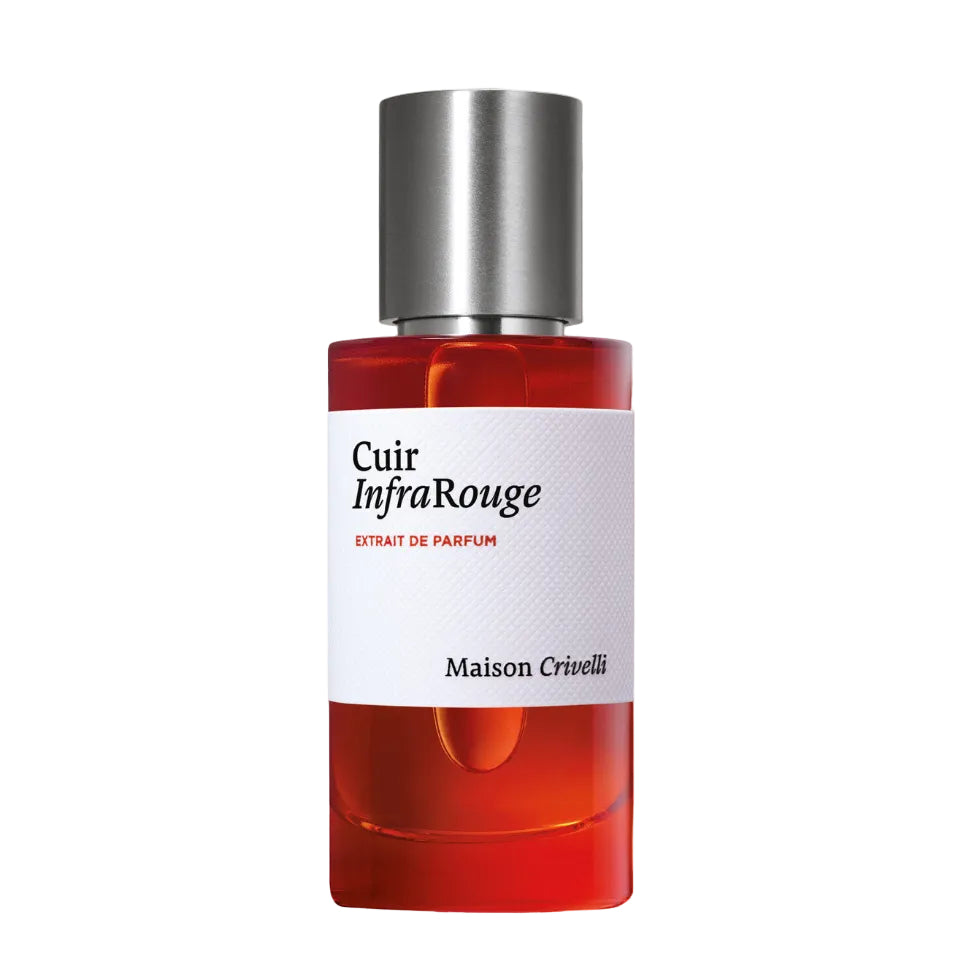 Red perfume bottle with silver cap on a white background