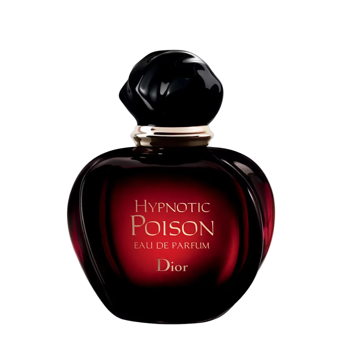 Dior Hypnotic Poison Eau de Parfum bottle, featuring a dark red glass body with gold lettering and a glossy black cap, set against a plain white background.