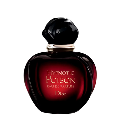 Dior Hypnotic Poison Eau de Parfum bottle, featuring a dark red glass body with gold lettering and a glossy black cap, set against a plain white background.