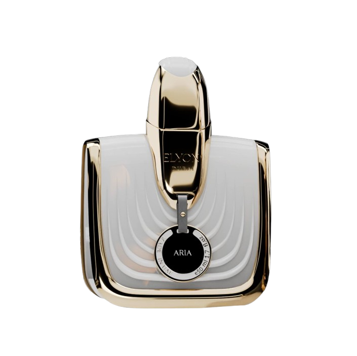 Perfume bottle with gold cap and white body on a white background