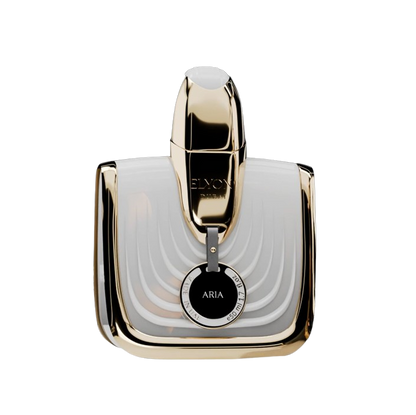 Perfume bottle with gold cap and white body on a white background