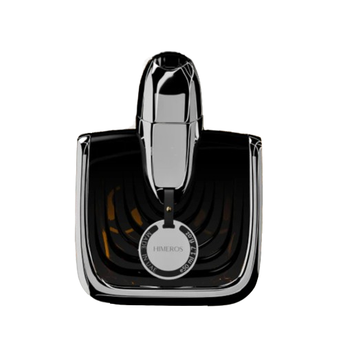 Black and silver perfume bottle with 'Amberes' label on a white background