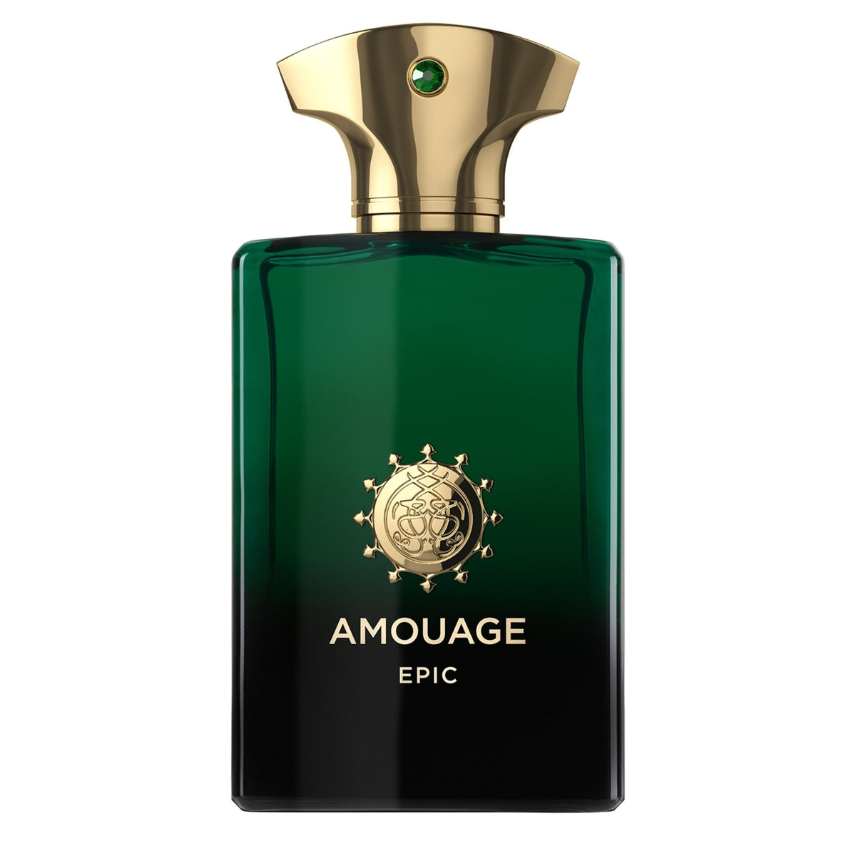 Amouage Epic perfume bottle with gold cap on a white background