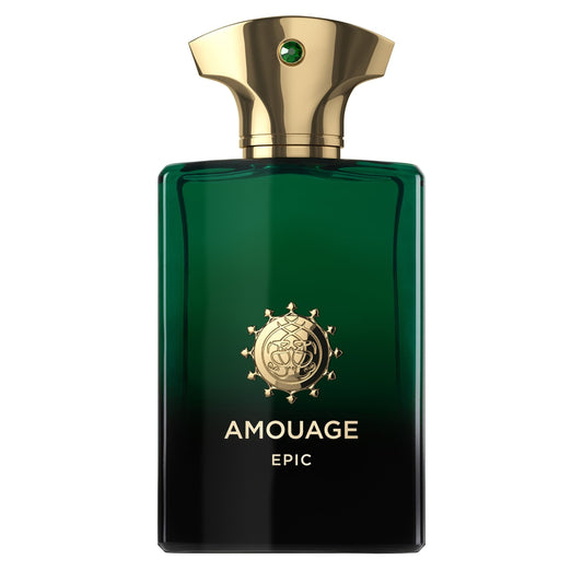 Amouage Epic perfume bottle with gold cap on a white background