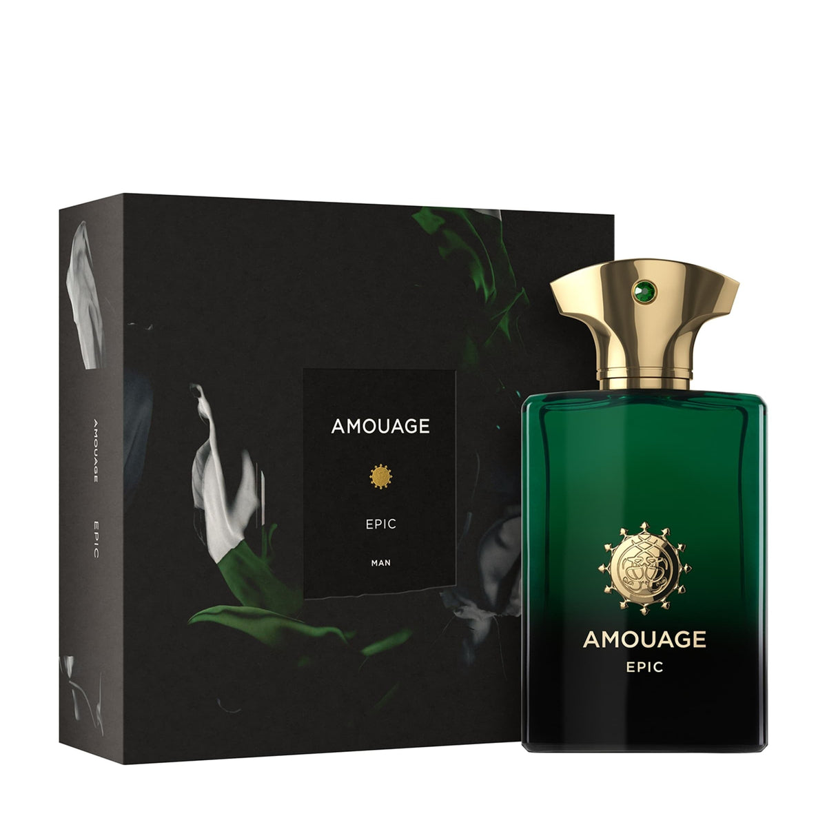 Amouage Epic Man perfume bottle in dark green with a gold cap, shown next to its black packaging box with gold and white details.