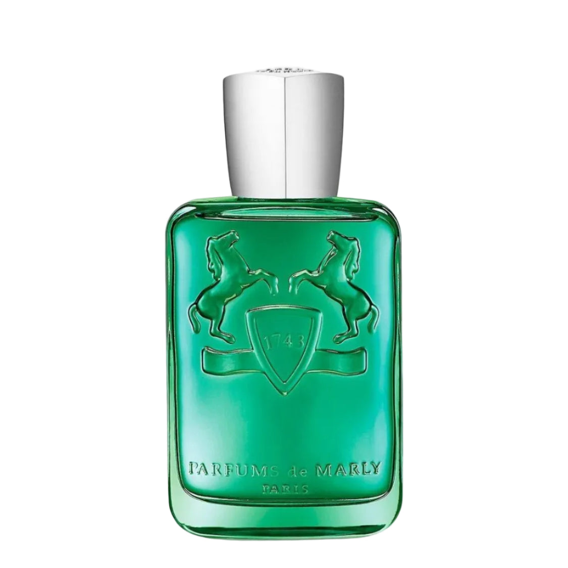 Green perfume bottle with silver cap on a white background