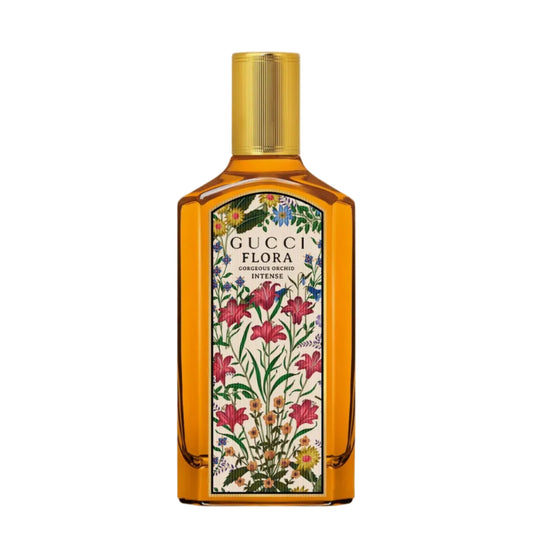 Gucci Flora Intense Eau de Parfum in a rectangular amber glass bottle with a gold cap and a detailed botanical label featuring pink lilies and green leaves.