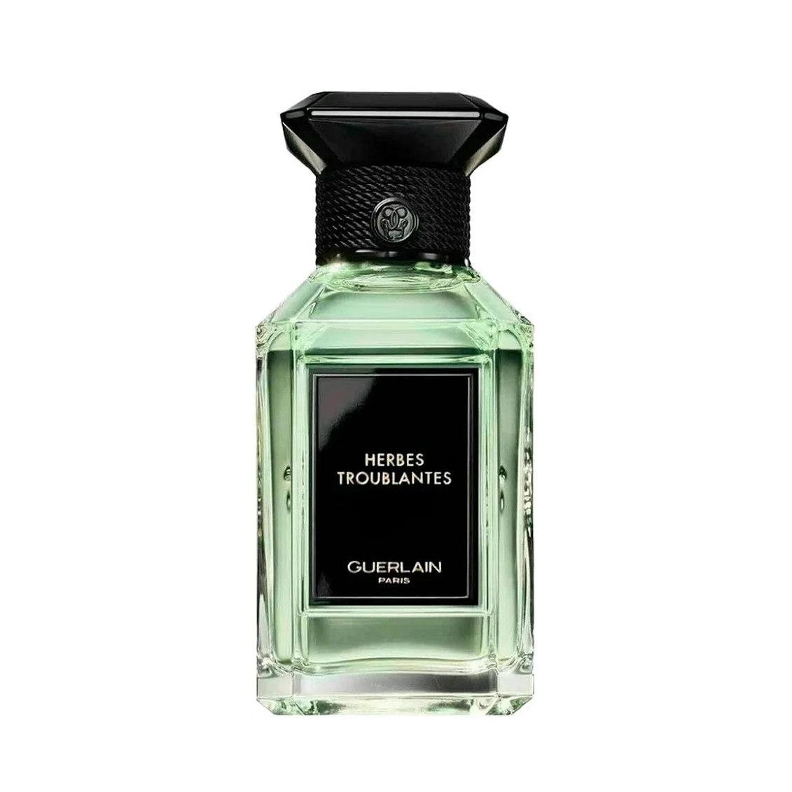 Guerlain perfume bottle with black cap on a white background