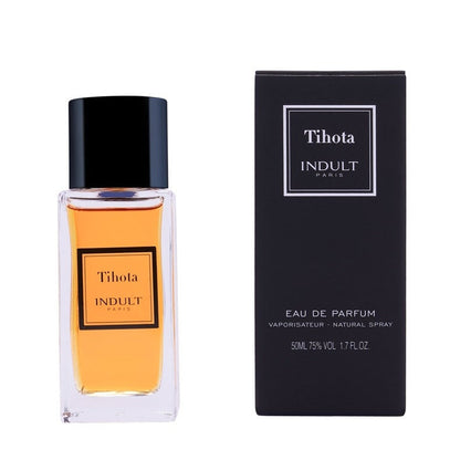 Tihota Indult Eau de Parfum 50ml bottle with amber liquid and a black cap, shown next to its black packaging box on a white background.