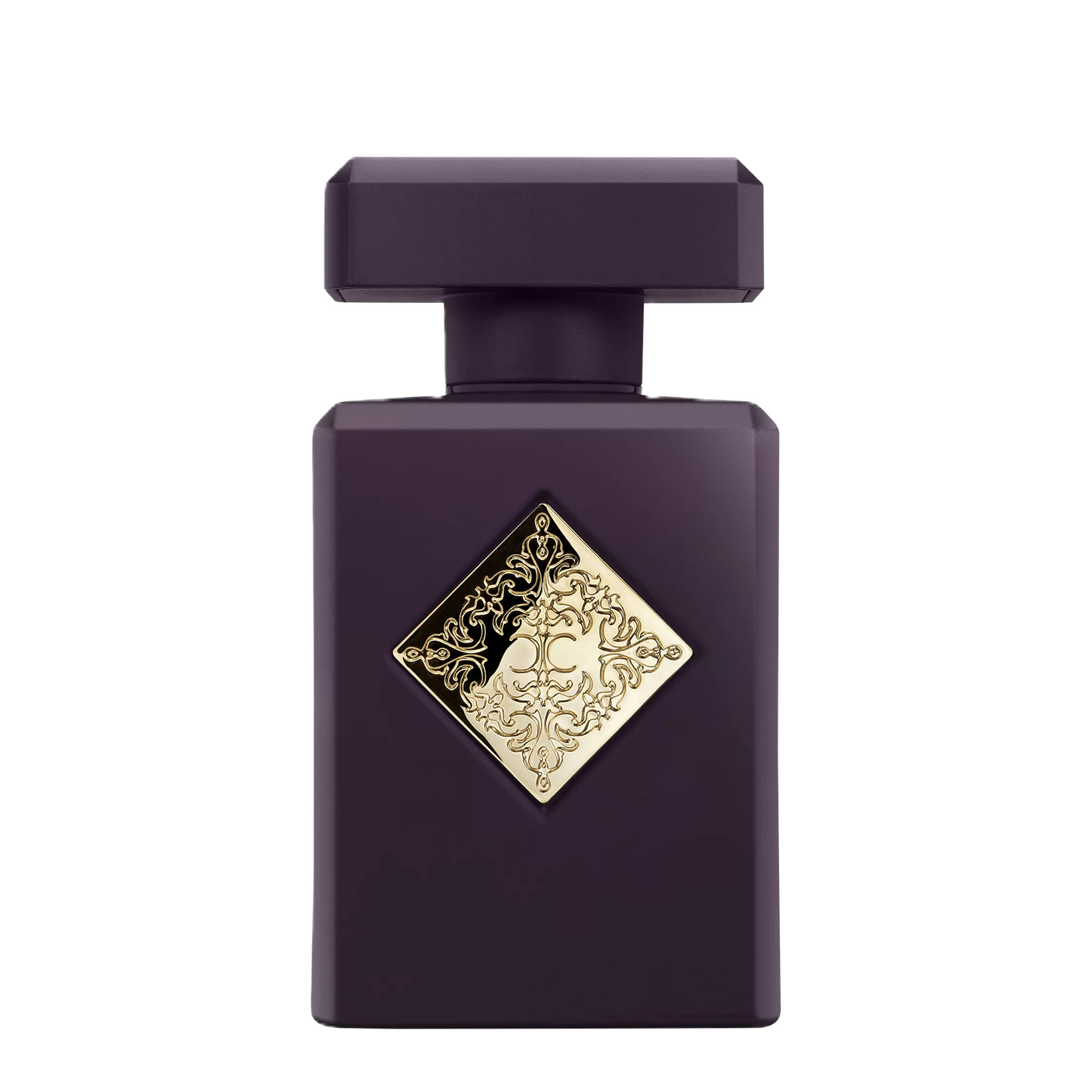 A dark purple rectangular perfume bottle with a matching cap and a decorative gold diamond-shaped emblem on the front, centered on a plain white background.