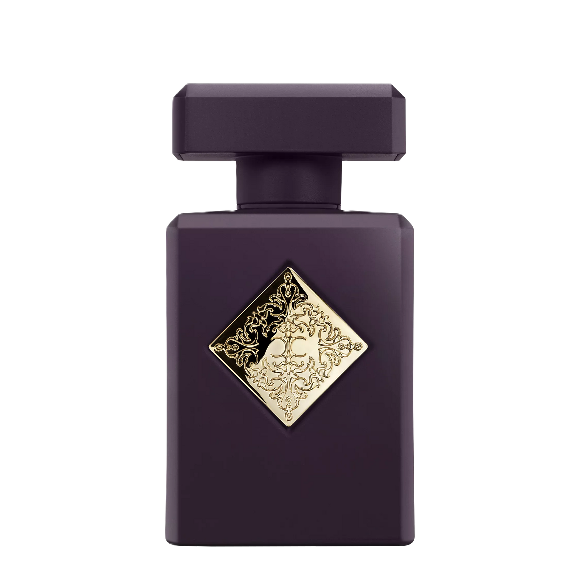 A dark purple rectangular perfume bottle with a matching cap and a decorative gold diamond-shaped emblem on the front, centered on a plain white background.