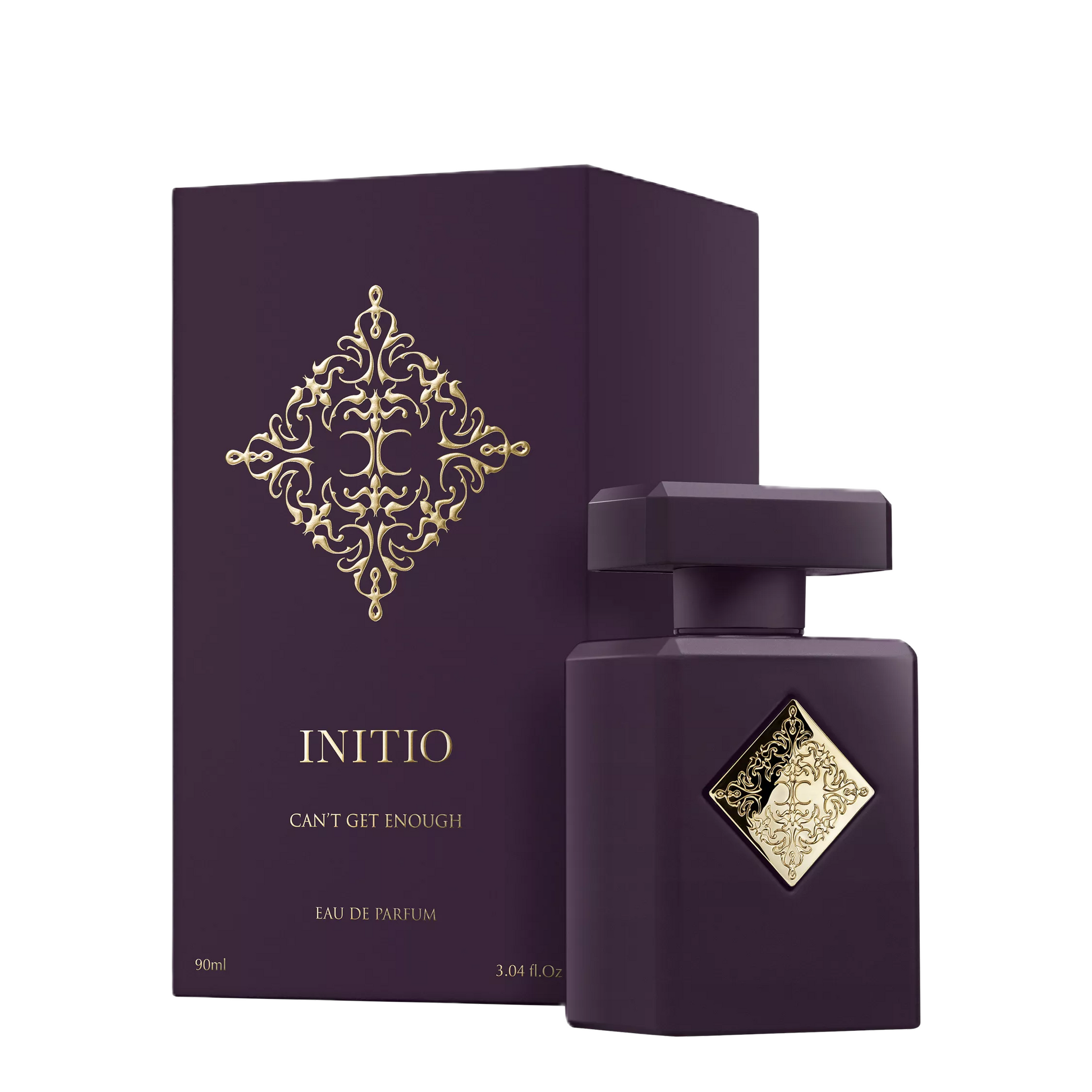 A dark purple perfume bottle with a matching dark purple box, both featuring ornate gold decorative patterns and the text 'INITIO' and 'CAN'T GET ENOUGH' on a clean white background.