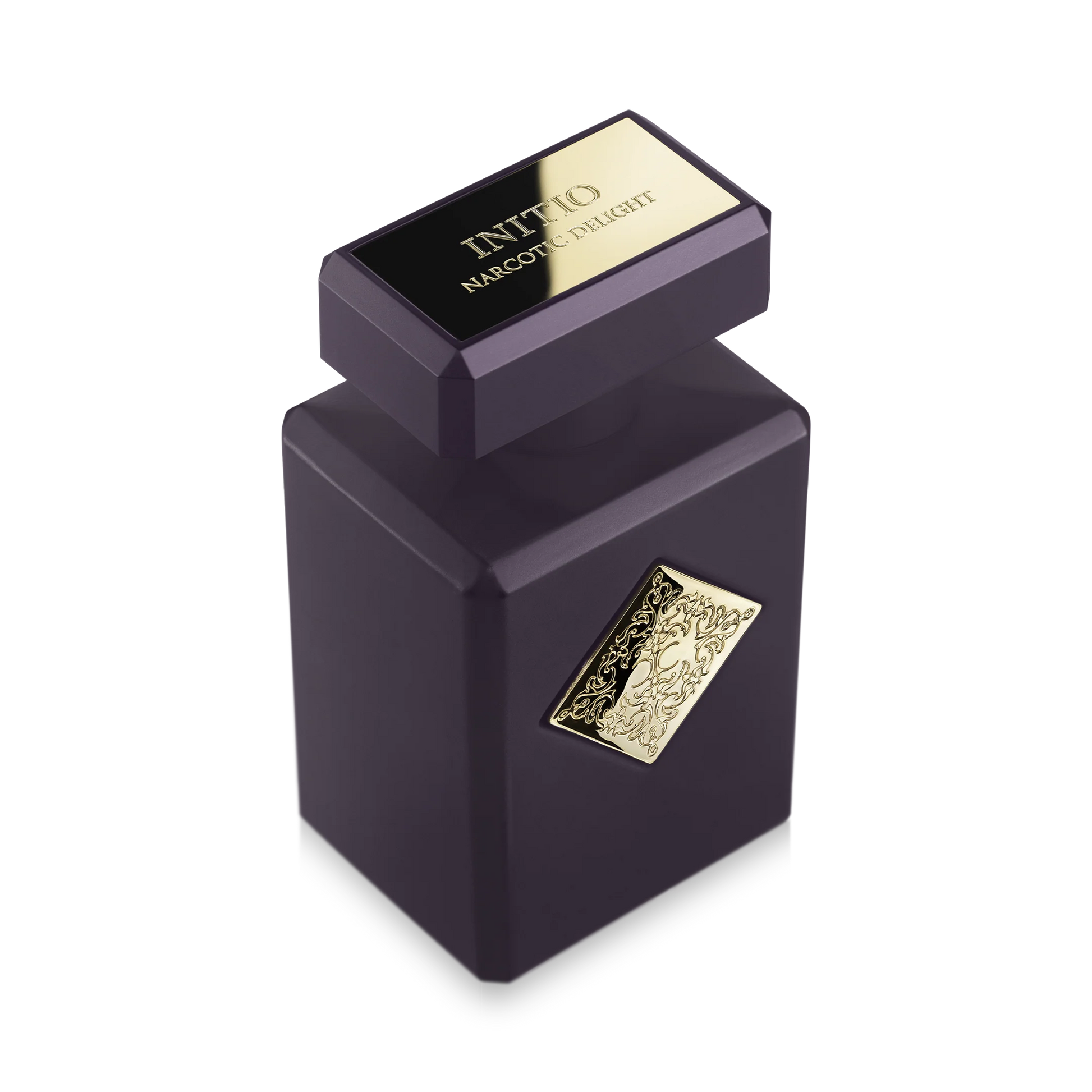 Purple perfume bottle with gold accents on a white background