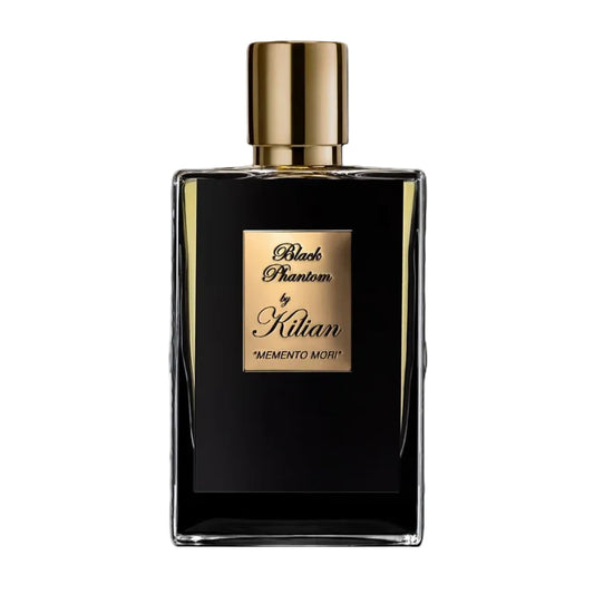 Perfume bottle with gold cap and label on a white background