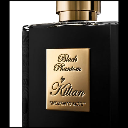 Black and gold perfume bottle labeled 'Black Phantom by Kilian' on a white background