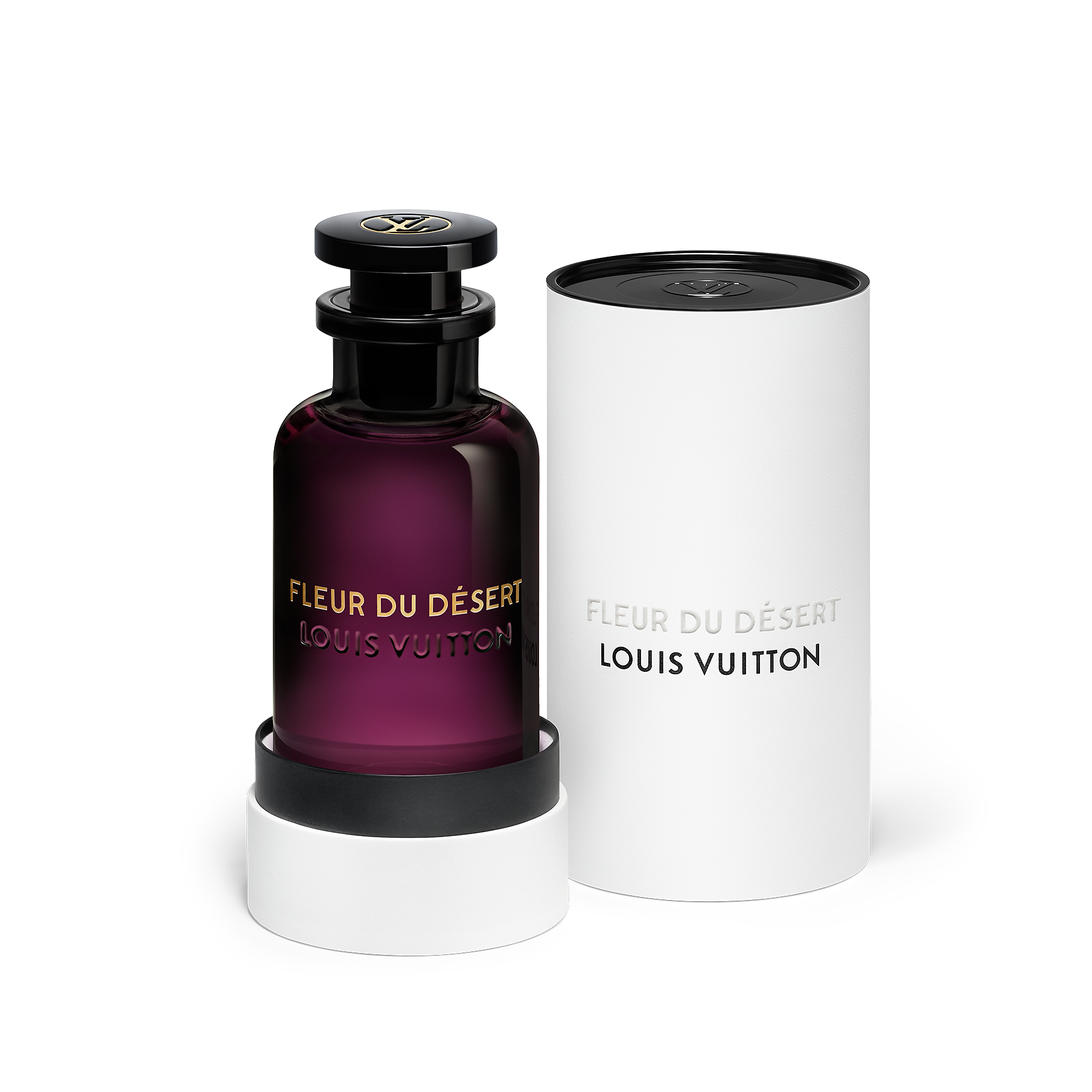 Louis Vuitton Fleur du Desert perfume bottle and packaging on a white background