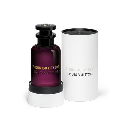 Louis Vuitton Fleur du Desert perfume bottle and packaging on a white background