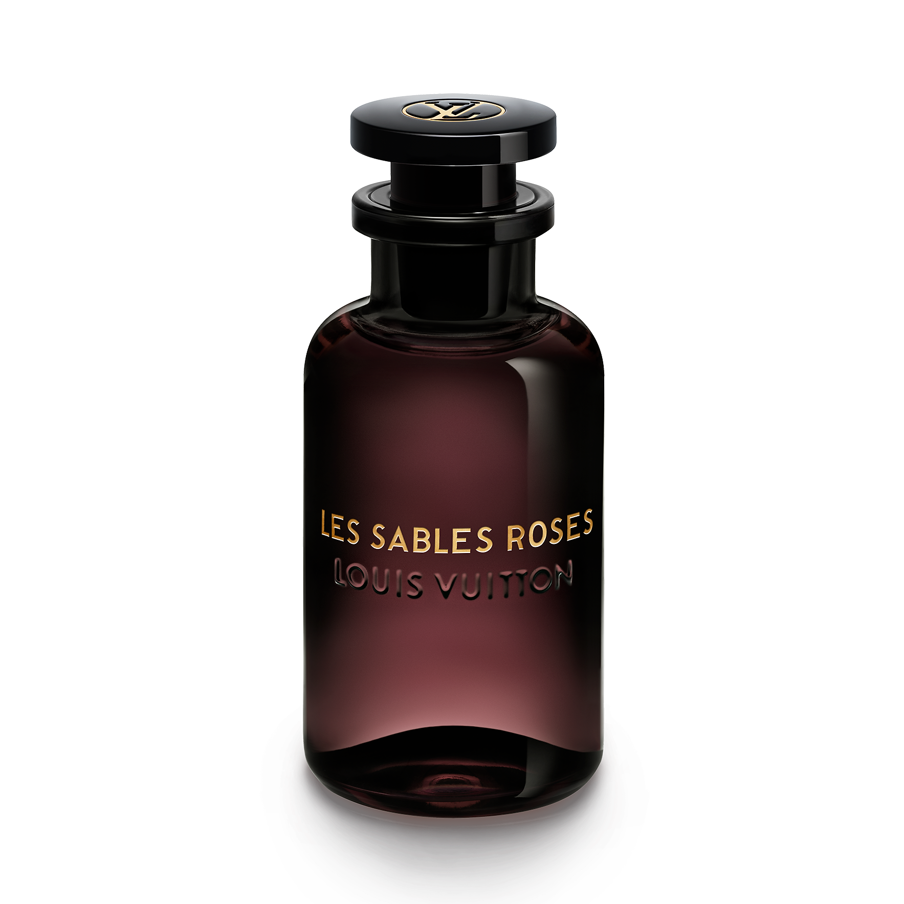 Louis Vuitton perfume bottle labeled 'Les Sables Roses' on a white background