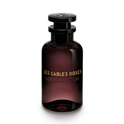 Louis Vuitton perfume bottle labeled 'Les Sables Roses' on a white background