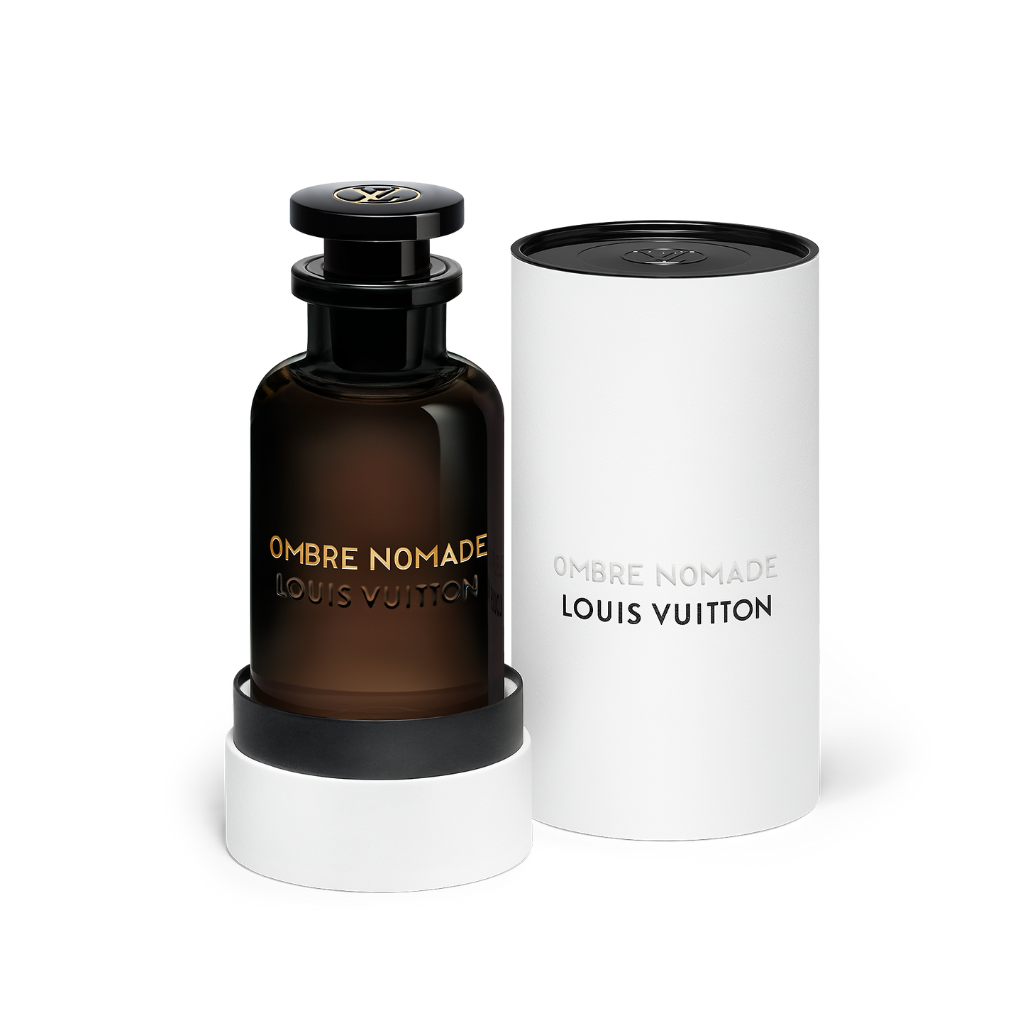 Louis Vuitton Ombre Nomade perfume bottle and packaging on a white background