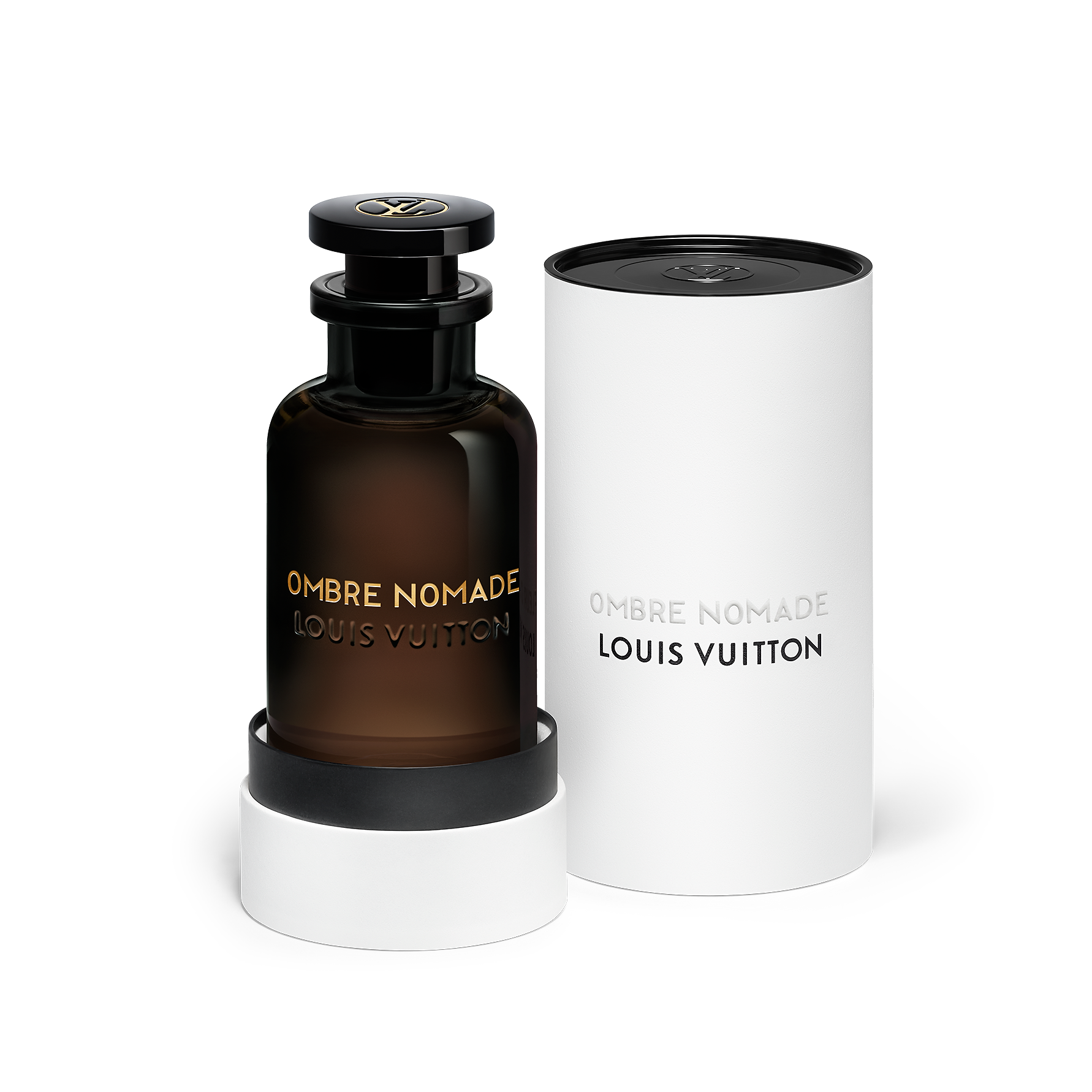 Louis Vuitton Ombre Nomade perfume bottle and packaging on a white background