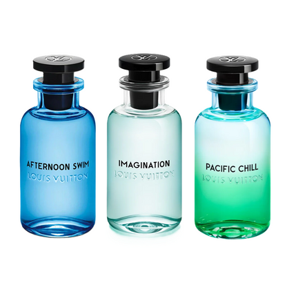 Three perfume bottles labeled 'Afternoon Swim', 'Imagination', and 'Pacific Chill' on a white background.