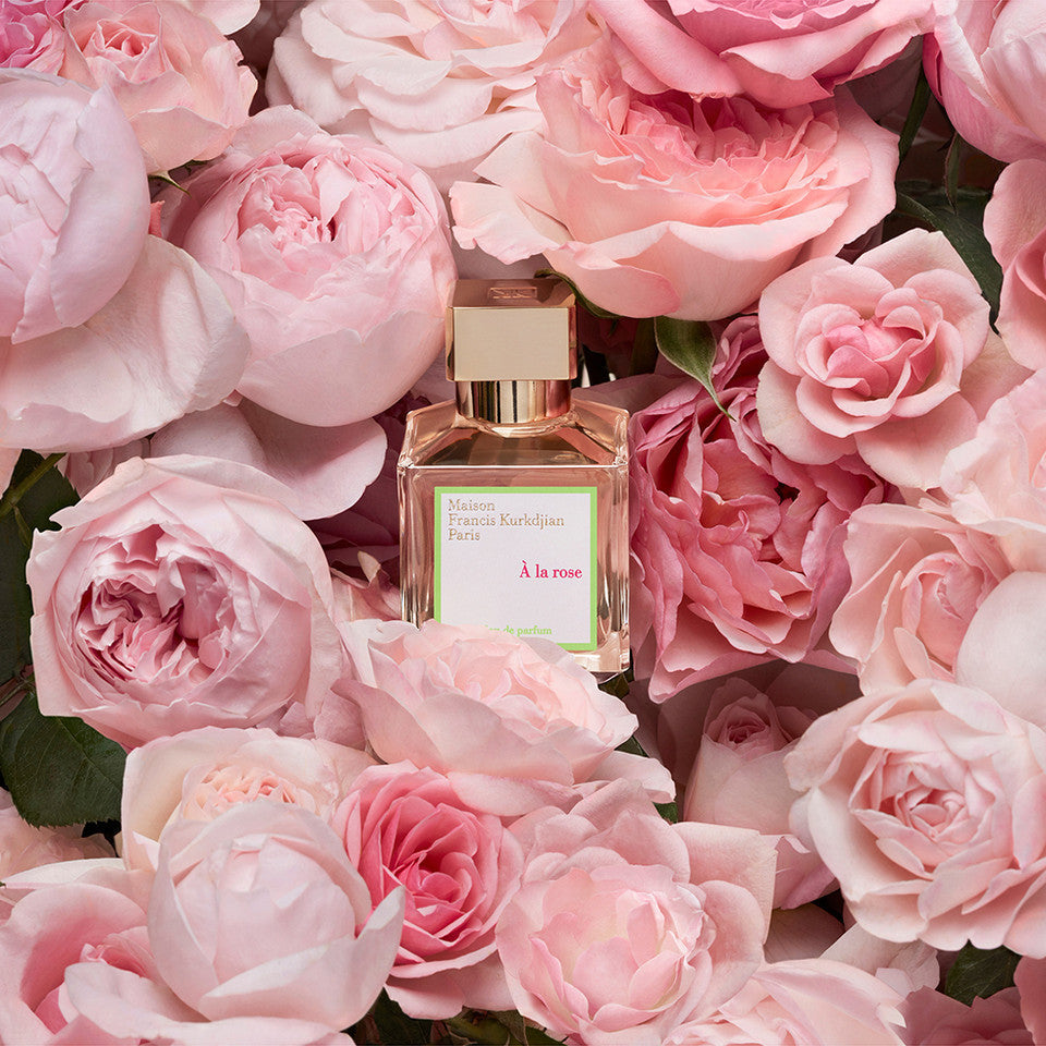Perfume bottle with gold cap surrounded by pink roses