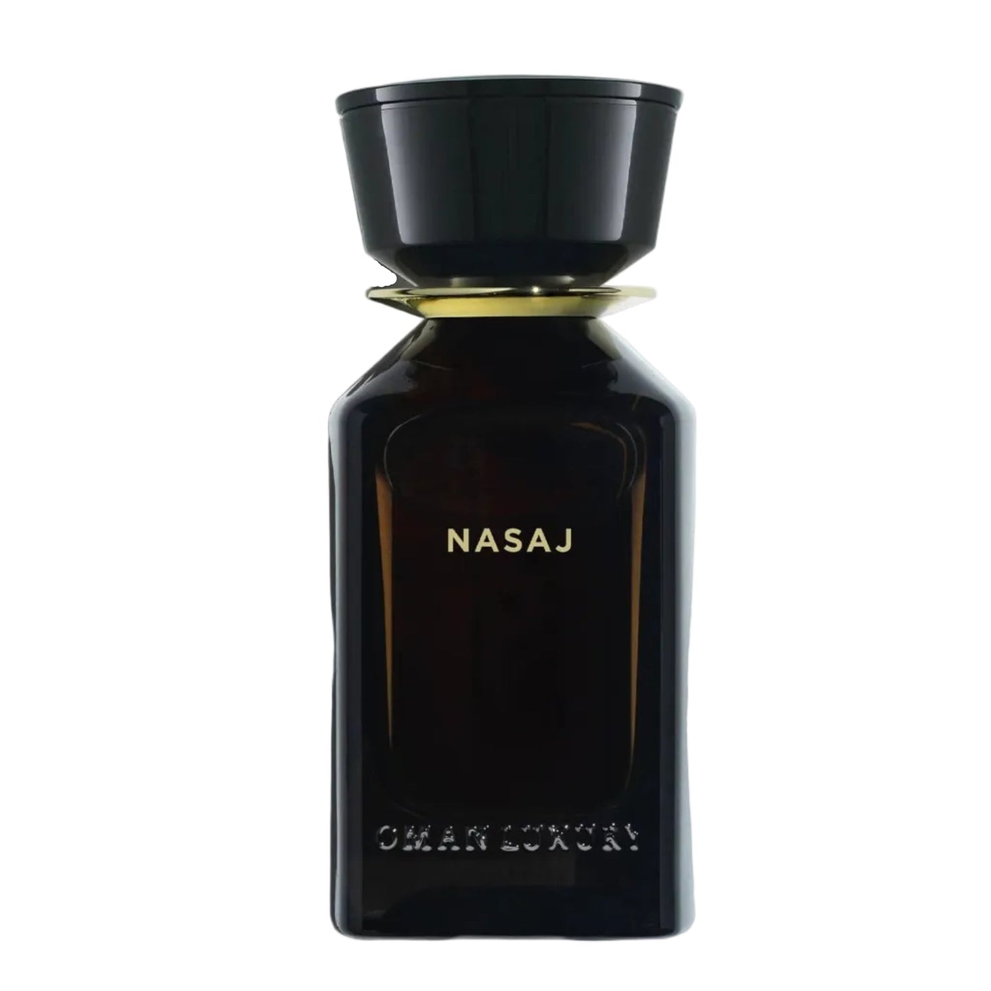 Black perfume bottle with 'NASAJ' branding on a white background