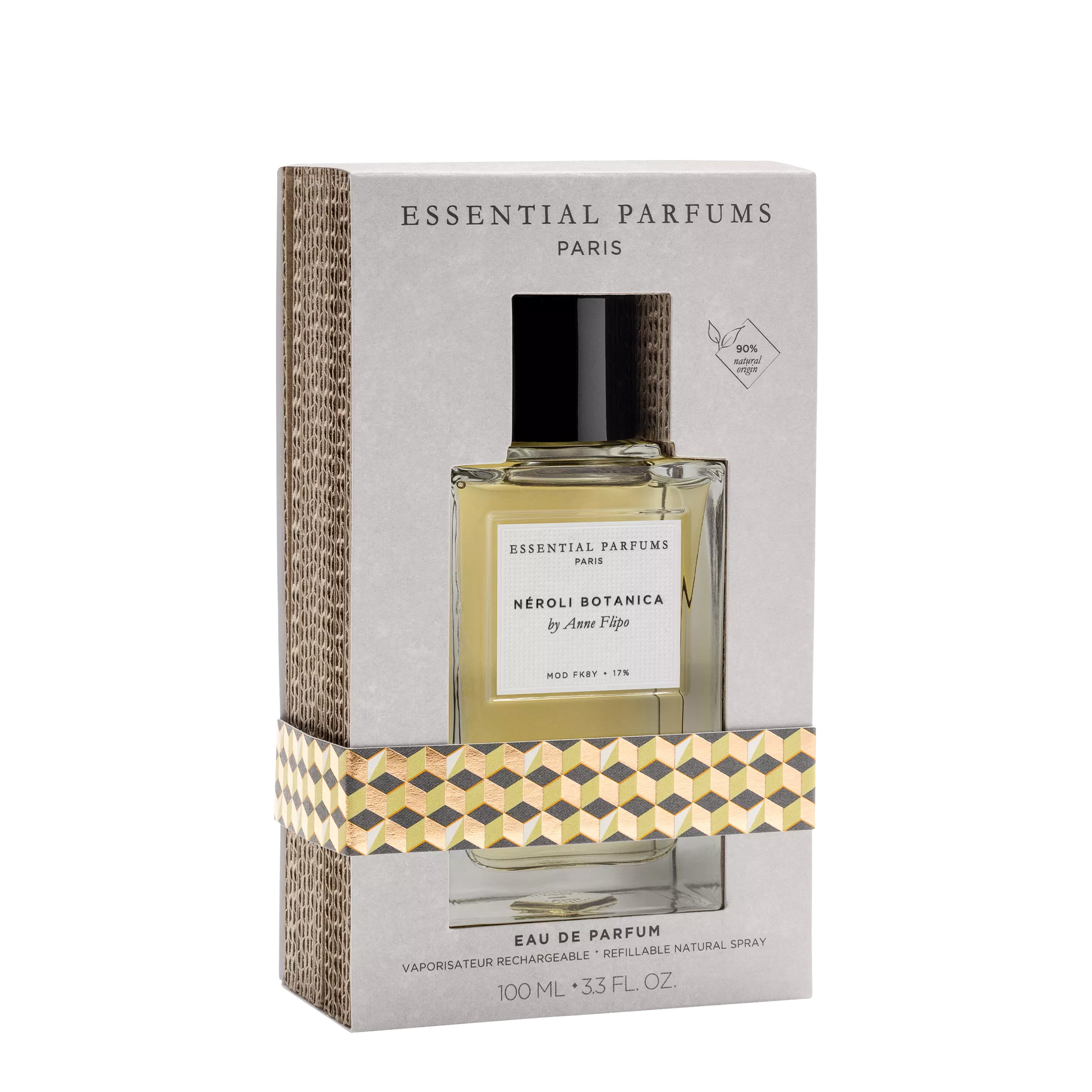Essential Parfums Paris Neroli Botanica & Citron Eau de Parfum in a 100ml box, featuring a clear glass bottle with a black cap and a light yellow liquid, wrapped in a patterned ribbon against a light gray background.