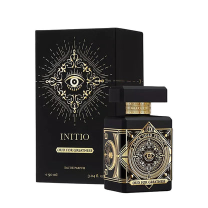Perfume bottle and packaging with 'Initio' branding on a white background