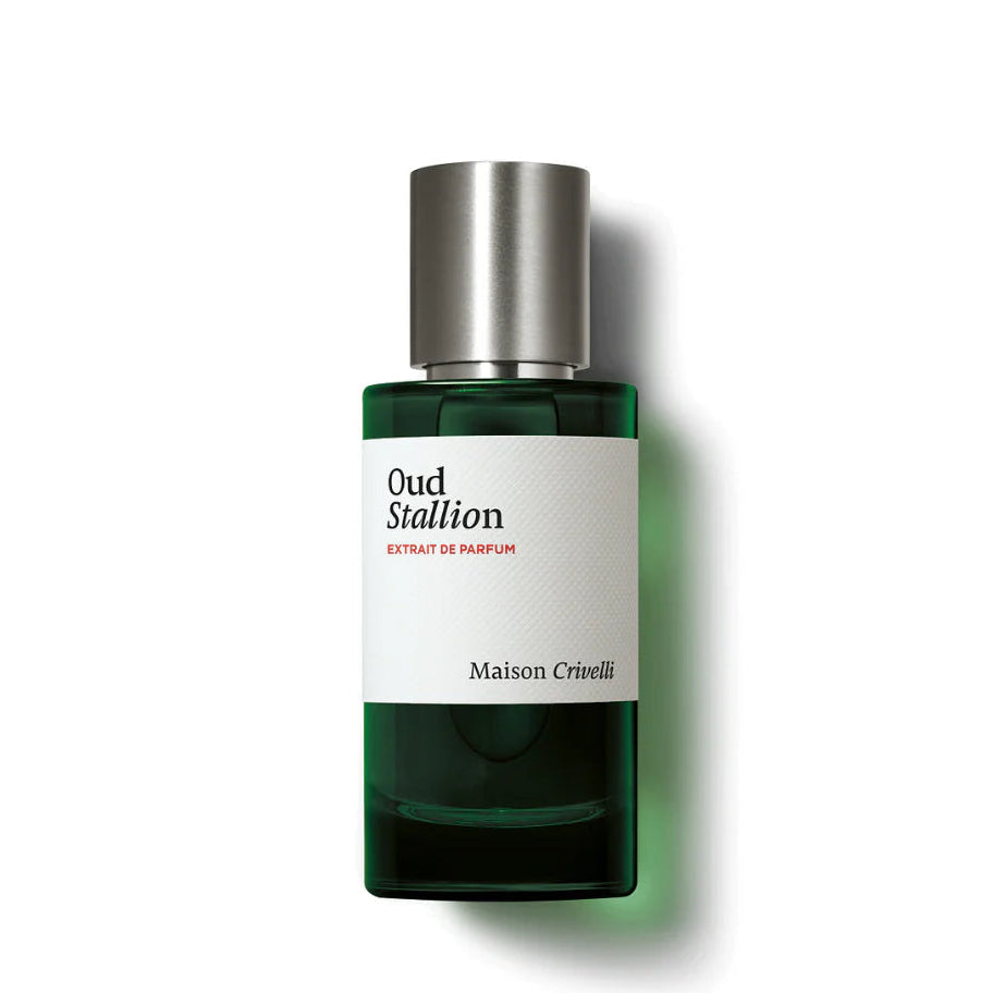 Perfume bottle labeled 'Oud Stallion' by Maison Crivelli on a white background