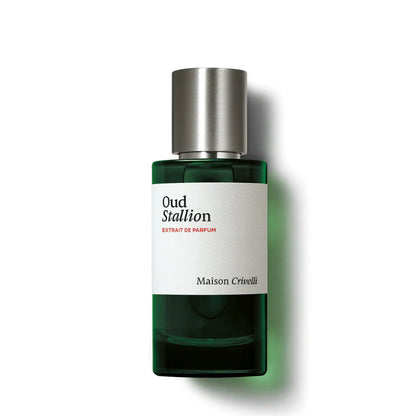 Perfume bottle labeled 'Oud Stallion' by Maison Crivelli on a white background