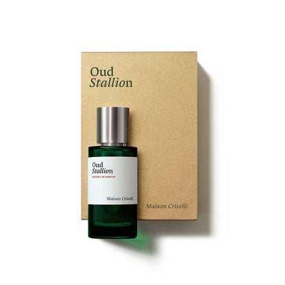 Maison Crivelli Oud Stallion perfume bottle with packaging on a white background