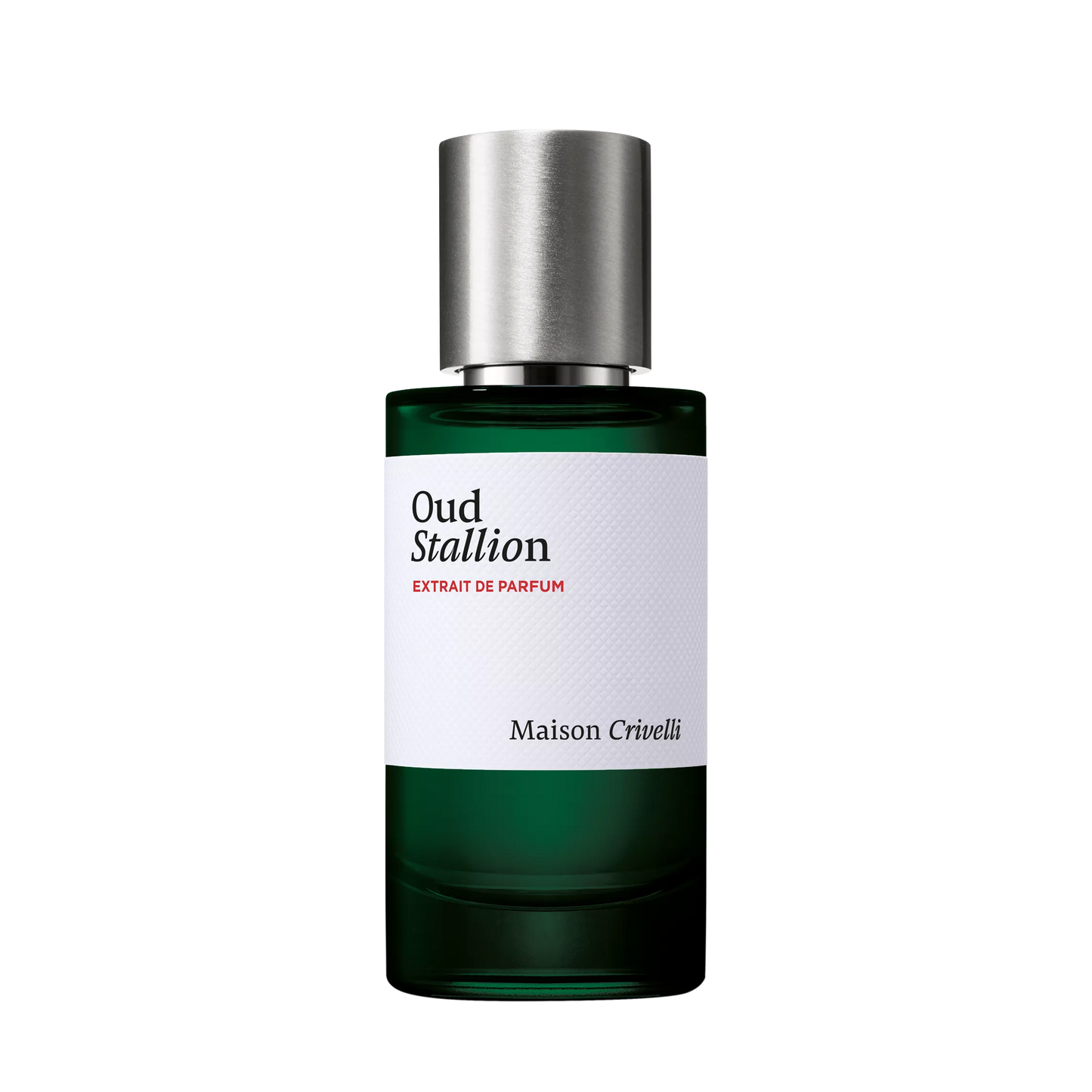 Perfume bottle labeled 'Oud Stallion' by Maison Crivelli on a white background