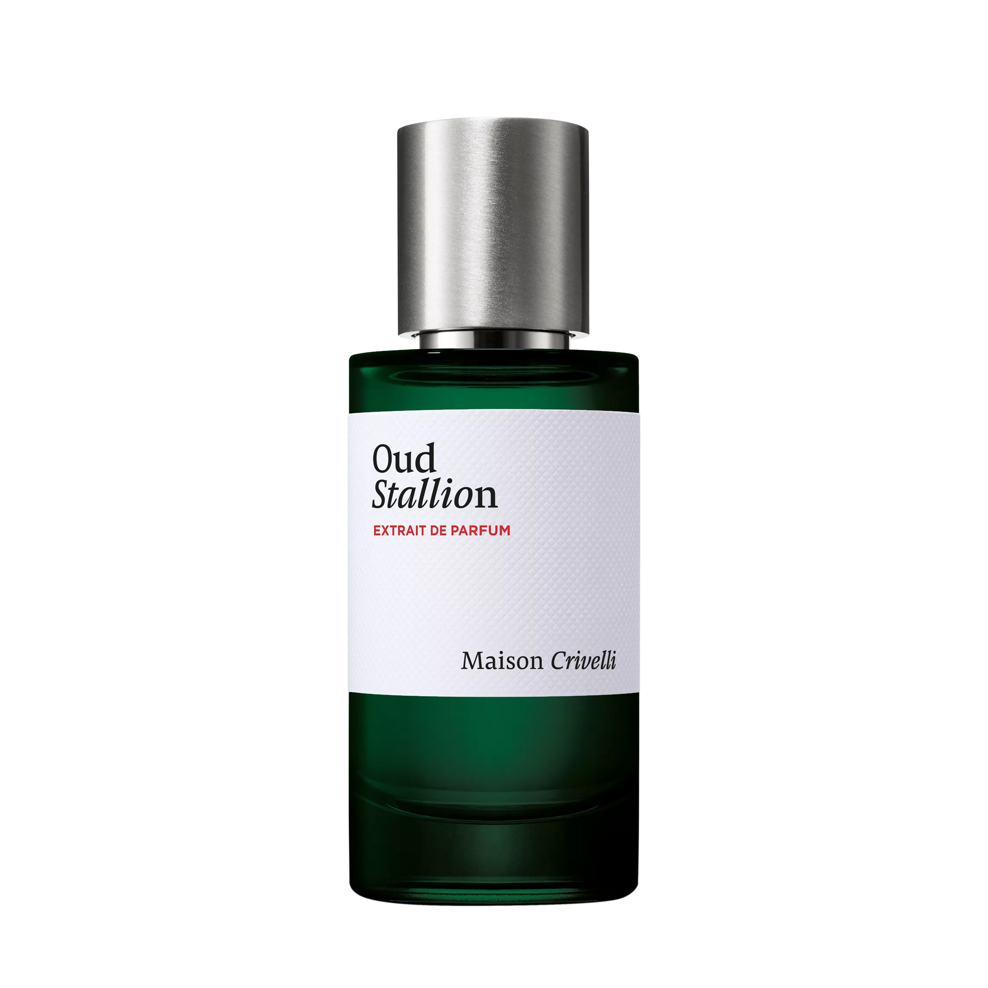 Perfume bottle labeled 'Oud Stallion' by Maison Crivelli on a white background