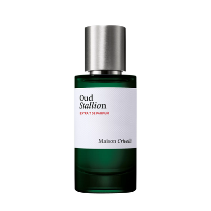 Perfume bottle labeled 'Oud Stallion' by Maison Crivelli on a white background