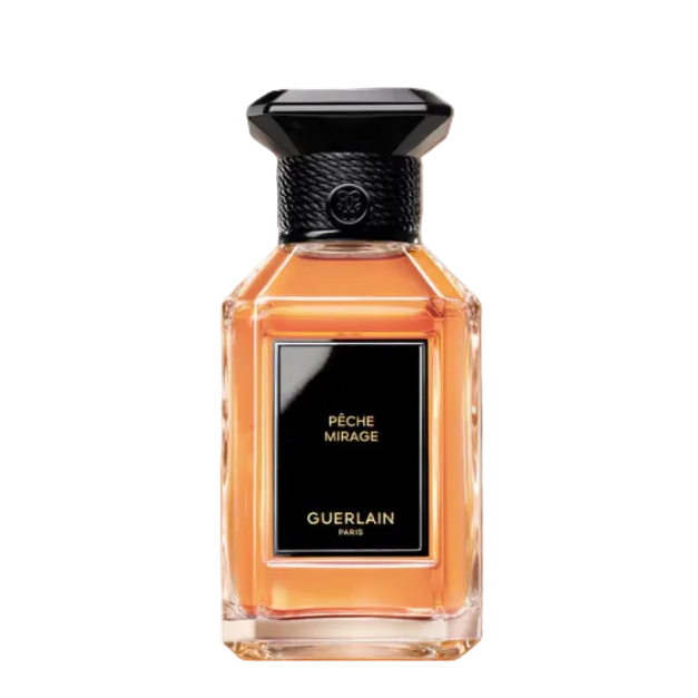 Guerlain Pèche Mirage perfume bottle with amber-orange liquid, a black label, and a black faceted cap, centered on a white background.
