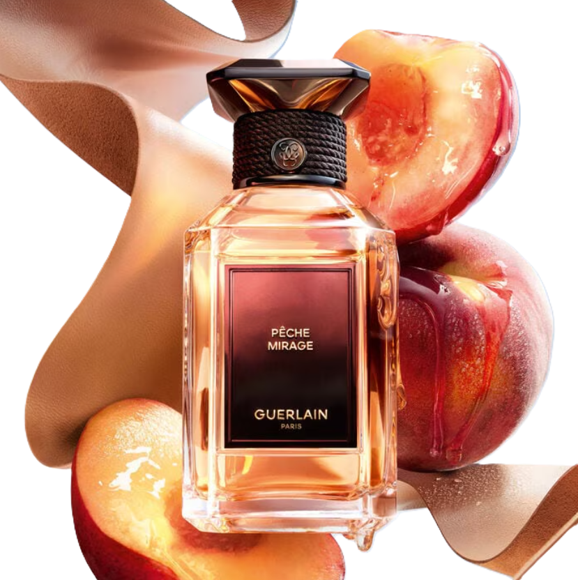 Guerlain Pèche Mirage perfume bottle with peach slices and whole peaches around it on a white background.