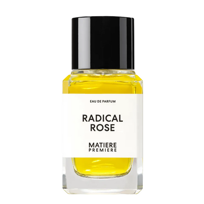 Perfume bottle labeled 'Radical Rose' by 'Matiere Premiere' on a white background